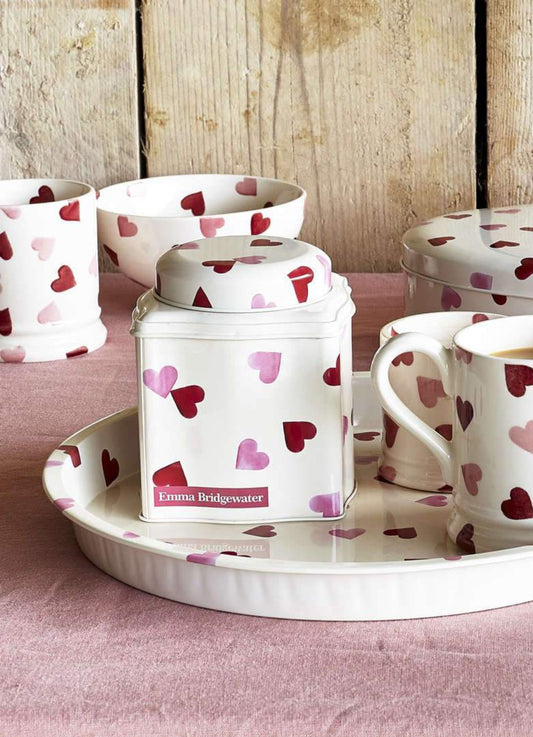 Pink Hearts Dome Lid Curved Tin Caddy